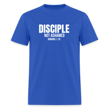 Load image into Gallery viewer, Disciple – Not Ashamed Romans 1:16 Faith Shirt - royal blue
