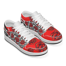 Load image into Gallery viewer, Red Black Rose Checkered Women&#39;s Low State Leather Stitching Shoes
