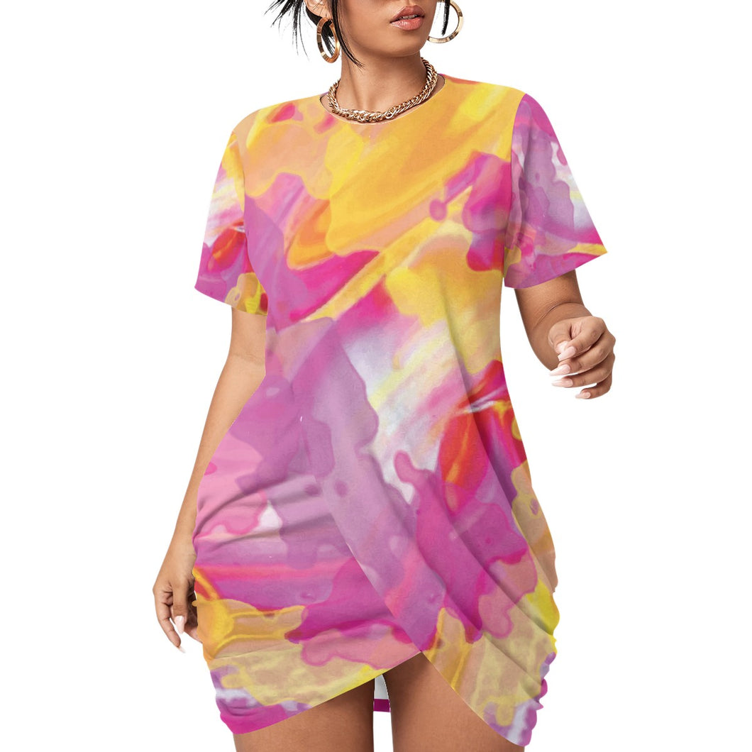 All-Over Print Women’s Stacked Hem Dress With Short Sleeve（Plus Size）