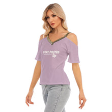 Load image into Gallery viewer, Stay Prayed Up Women&#39;s Cold Shoulder T-shirt With Golden Elastic Band On Neck
