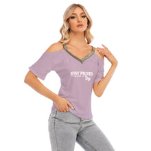 Load image into Gallery viewer, Stay Prayed Up Women&#39;s Cold Shoulder T-shirt With Golden Elastic Band On Neck
