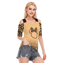Load image into Gallery viewer, Leopard Print with Ears Women&#39;s T-shirt with Black Lace Shoulder Strap
