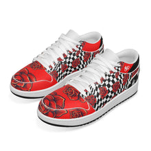 Load image into Gallery viewer, Red Black Rose Checkered Women&#39;s Low State Leather Stitching Shoes
