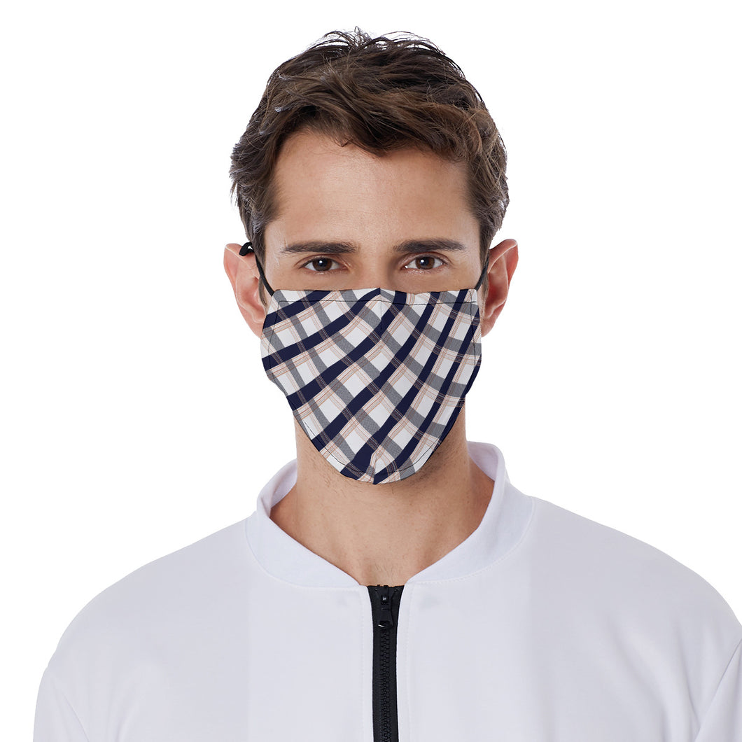 All-Over Print Face Mask with Adjustable Ear loops Blue Tan and White