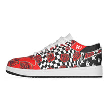 Load image into Gallery viewer, Red Black Rose Checkered Women&#39;s Low State Leather Stitching Shoes

