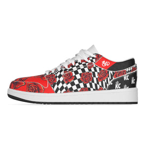 Red Black Rose Checkered Women's Low State Leather Stitching Shoes