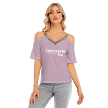 Load image into Gallery viewer, Stay Prayed Up Women&#39;s Cold Shoulder T-shirt With Golden Elastic Band On Neck
