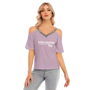 Stay Prayed Up Women's Cold Shoulder T-shirt With Golden Elastic Band On Neck