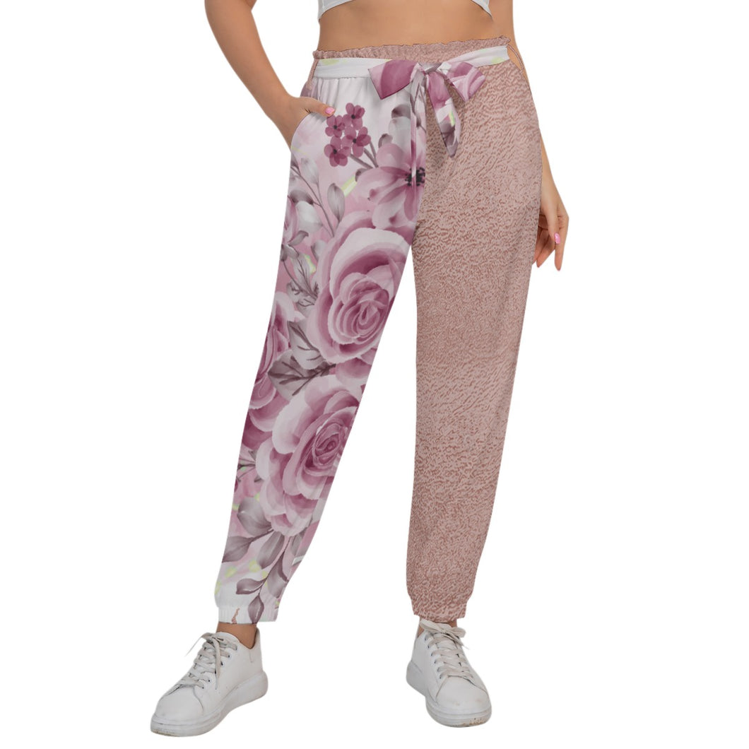 Rose Gold Print Women’s Trousers With Waist Belt(Plus Size)
