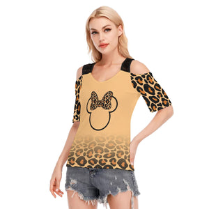 Leopard Print with Ears Women's T-shirt with Black Lace Shoulder Strap