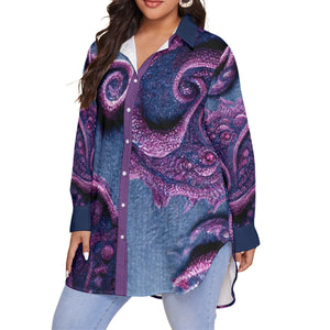 Purple Blue Women's Shirt With Long Sleeve(Plus Size)