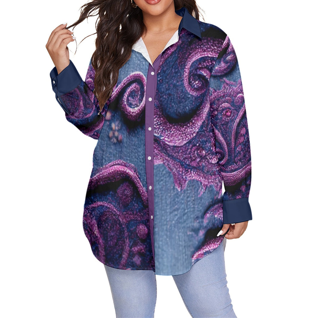 Purple Blue Women's Shirt With Long Sleeve(Plus Size)