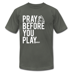 Pray Before You Play Unisex Jersey T-Shirt by Bella + Canvas - asphalt