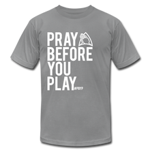 Load image into Gallery viewer, Pray Before You Play Unisex Jersey T-Shirt by Bella + Canvas - slate
