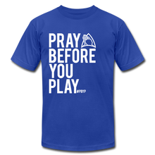 Load image into Gallery viewer, Pray Before You Play Unisex Jersey T-Shirt by Bella + Canvas - royal blue
