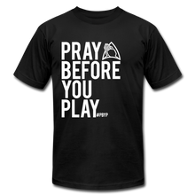 Load image into Gallery viewer, Pray Before You Play Unisex Jersey T-Shirt by Bella + Canvas - black
