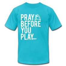 Load image into Gallery viewer, Pray Before You Play Unisex Jersey T-Shirt by Bella + Canvas - turquoise
