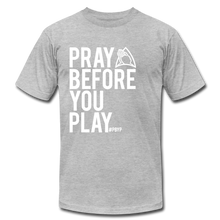 Load image into Gallery viewer, Pray Before You Play Unisex Jersey T-Shirt by Bella + Canvas - heather gray
