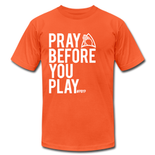 Load image into Gallery viewer, Pray Before You Play Unisex Jersey T-Shirt by Bella + Canvas - orange
