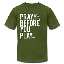 Load image into Gallery viewer, Pray Before You Play Unisex Jersey T-Shirt by Bella + Canvas - olive
