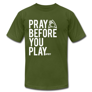 Pray Before You Play Unisex Jersey T-Shirt by Bella + Canvas - olive
