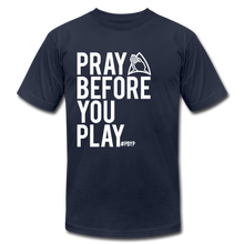 Load image into Gallery viewer, Pray Before You Play Unisex Jersey T-Shirt by Bella + Canvas - navy
