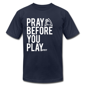 Pray Before You Play Unisex Jersey T-Shirt by Bella + Canvas - navy