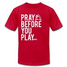 Load image into Gallery viewer, Pray Before You Play Unisex Jersey T-Shirt by Bella + Canvas - red
