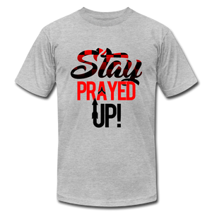 Stay Prayed Up Red and Black Unisex Jersey T-Shirt by Bella + Canvas - heather gray
