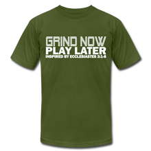 Load image into Gallery viewer, Grind Now Play Later Unisex Jersey T-Shirt by Bella + Canvas - olive
