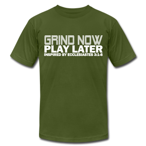 Grind Now Play Later Unisex Jersey T-Shirt by Bella + Canvas - olive