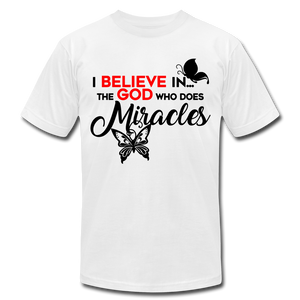 I Believe in the God Unisex Jersey T-Shirt by Bella + Canvas - white
