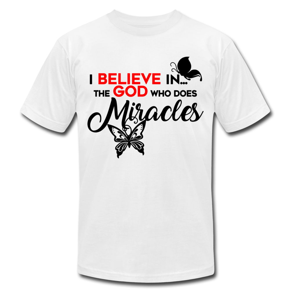 I Believe in the God Unisex Jersey T-Shirt by Bella + Canvas - white