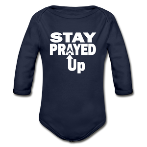 Stay Prayed Up Organic Long Sleeve Baby Bodysuit - dark navy