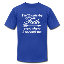 Load image into Gallery viewer, Walk by Faith Unisex Jersey T-Shirt by Bella + Canvas - royal blue
