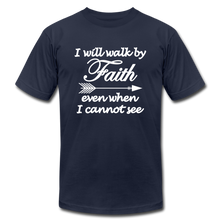Load image into Gallery viewer, Walk by Faith Unisex Jersey T-Shirt by Bella + Canvas - navy

