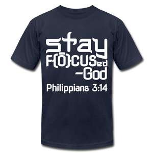Stay Focus Unisex Jersey T-Shirt by Bella + Canvas - navy