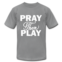 Load image into Gallery viewer, Pray Then Play Unisex Jersey T-Shirt by Bella + Canvas - slate
