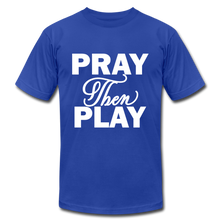 Load image into Gallery viewer, Pray Then Play Unisex Jersey T-Shirt by Bella + Canvas - royal blue
