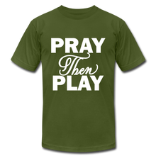 Load image into Gallery viewer, Pray Then Play Unisex Jersey T-Shirt by Bella + Canvas - olive
