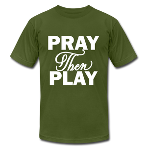 Pray Then Play Unisex Jersey T-Shirt by Bella + Canvas - olive