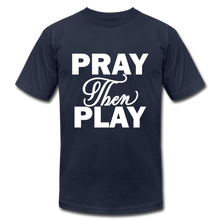 Load image into Gallery viewer, Pray Then Play Unisex Jersey T-Shirt by Bella + Canvas - navy
