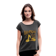 Load image into Gallery viewer, Blessed and Highly Favored Women&#39;s Roll Cuff T-Shirt - heather black
