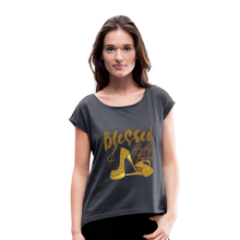 Load image into Gallery viewer, Blessed and Highly Favored Women&#39;s Roll Cuff T-Shirt - navy heather
