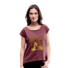 Load image into Gallery viewer, Blessed and Highly Favored Women&#39;s Roll Cuff T-Shirt - heather burgundy
